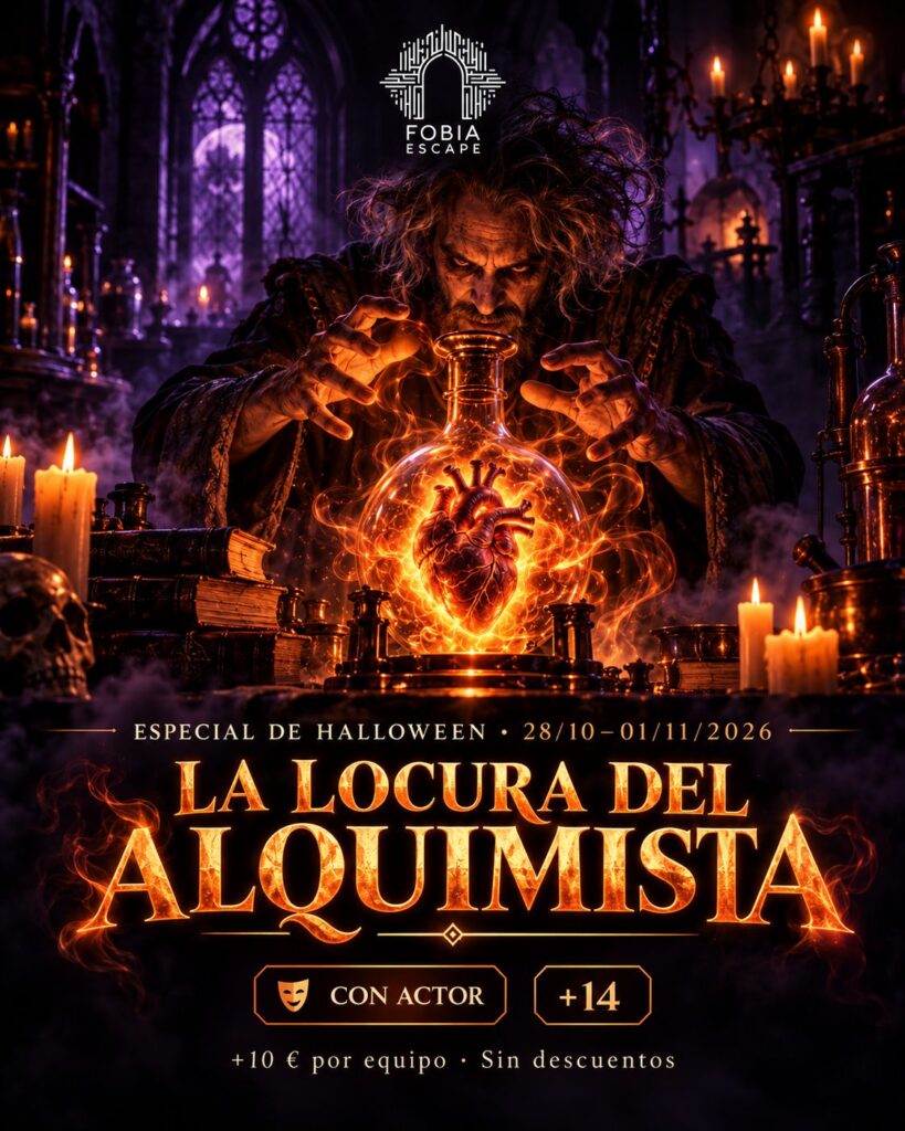 Cartel Halloween 2026 de La Locura del Alquimista en Fobia Escape Valencia